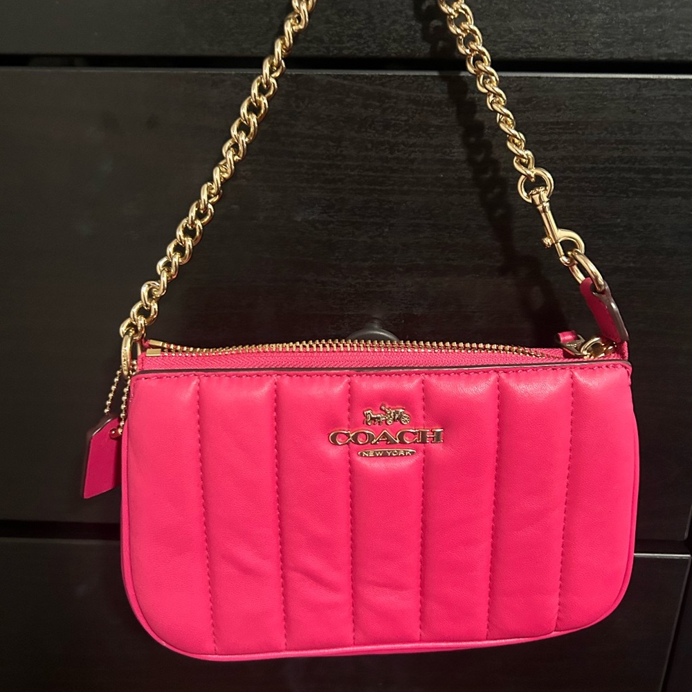 Coach Pink Quilted Wristlet with Gold Chain